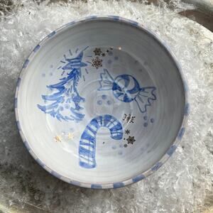 Blue & White Christmas Pottery Bowl with a Candy Cane, Peppermint, and Tree